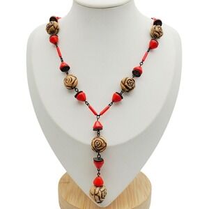 Czech Deco Neiger Lavalier Necklace Glass Beads Egyptian Revival Red Brown Rose